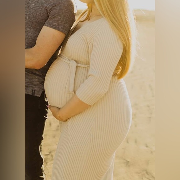 3/4 Sleeve Ribbed soft tan cream colored V neck Midi Dress size 10 - Picture 2 of 14